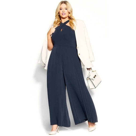 City Chic Harper Jumpsuit Halter‎ Neck Sleeveless Pleated Wide Flare Leg Navy 18